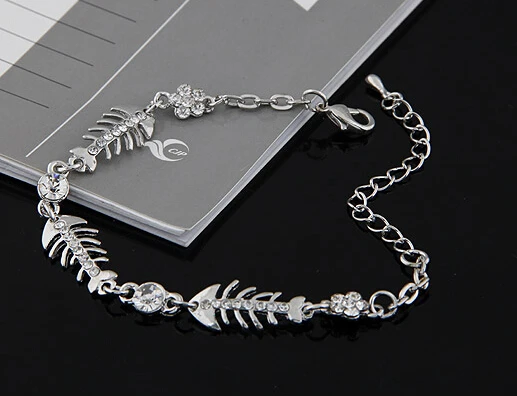 LEMOER Gold Silver Color Crystal Rhinestone Fish Bone Flower Bracelet Chain Link initial charm bracelets Jewelry pulseiras | Украшения и