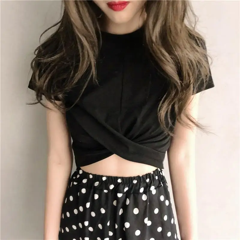 Yfashion Короткие топы футболка женская летняя сплошной цвет черный белый Круглый