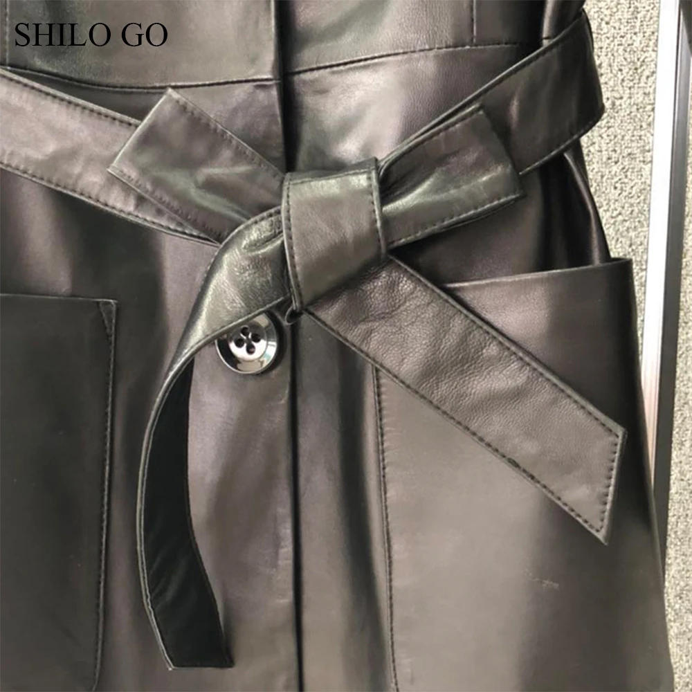Женский кожаный Тренч SHILO GO длинное однобортное пальто из натуральной овечьей
