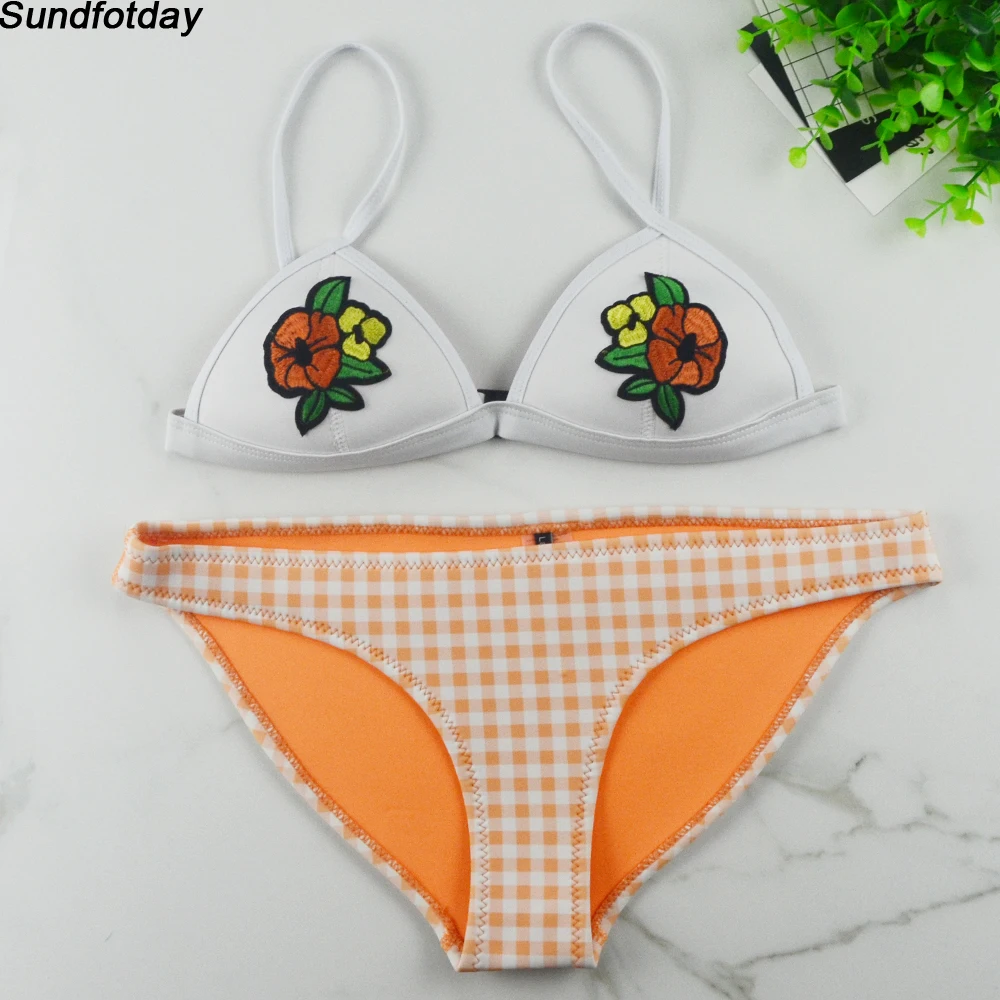 Клетчатый бикини 2017 неопрен Купальники для малышек Для женщин Вышивка купальник