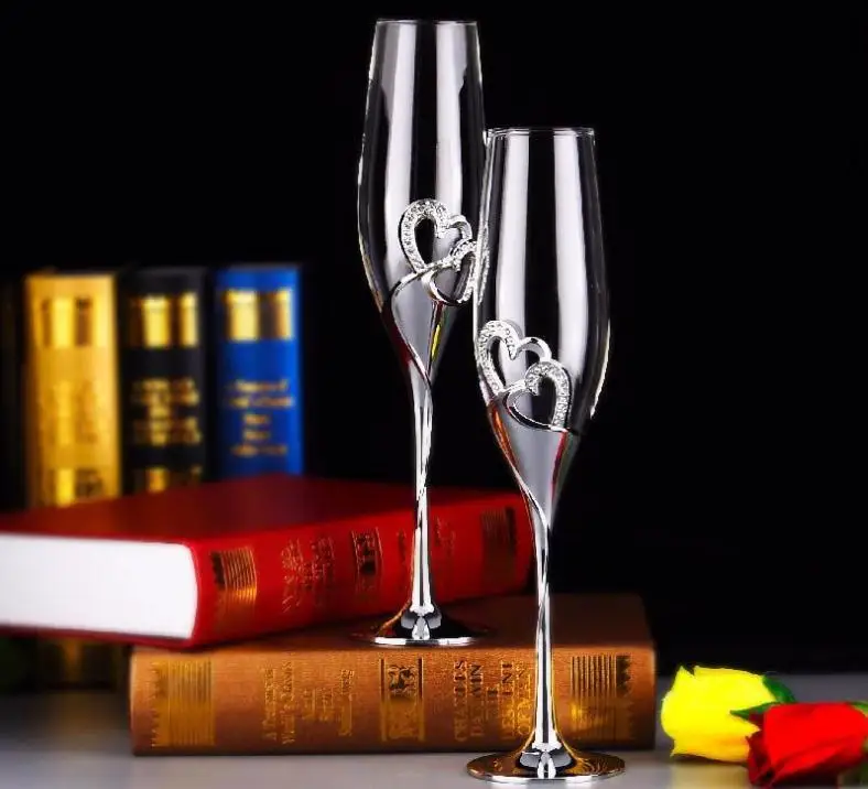 

NEW 2pcs/Set 200ML Long Wedding Champagne Wine Glasses Crystal Silver Plated Toasting Flutes Cup for Party Decoration SN1850