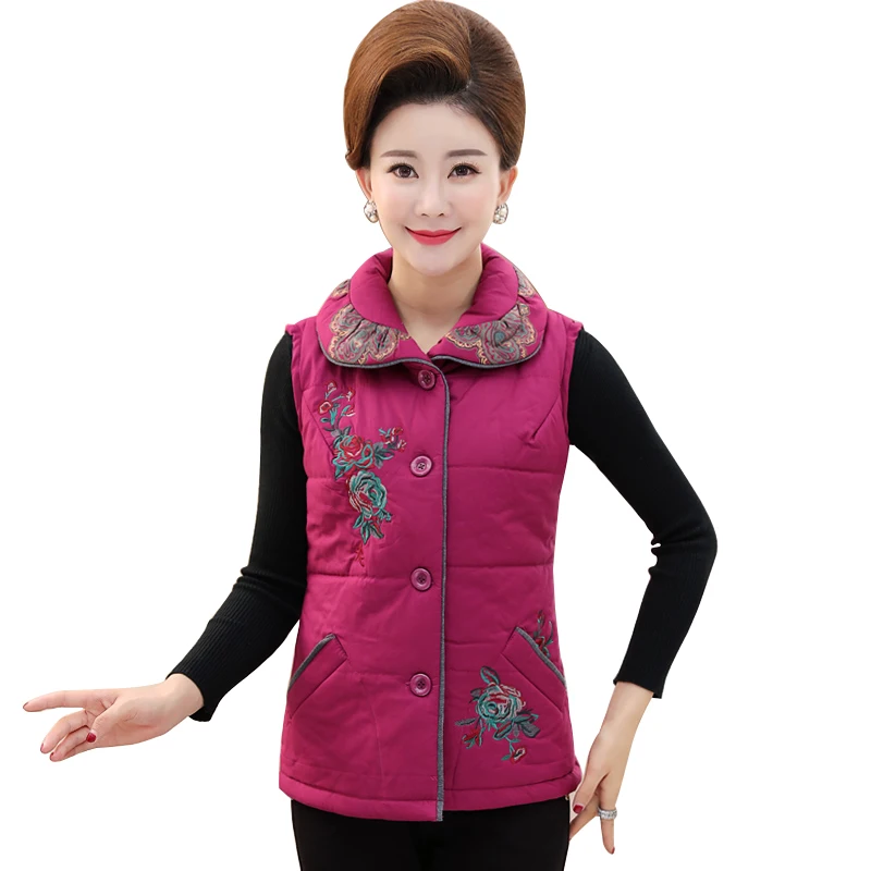 

Autumn winter Vest Women Embroidered Sleeveless Jacket Coat Middle-aged 2019 Casual Plus Size 5XL Turn-Down Collar coat YF338