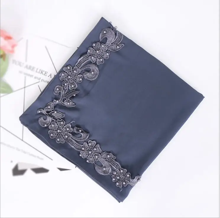 4 dark grey blue Модный Малайзийский шифоновый квадратный шарф, сплошной мусульманский хиджаб, изысканная аппликация, квадратный платок, Женский тюрбан Musulman 115x115 см - Цвет: 4 dark grey blue