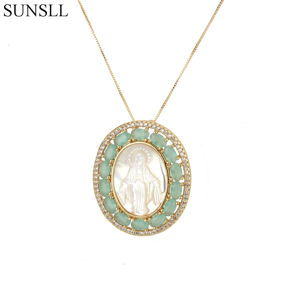 SUNSLL золото медь 2 Цвет кубический цирконий и Shell Овальный кулон ожерелья для