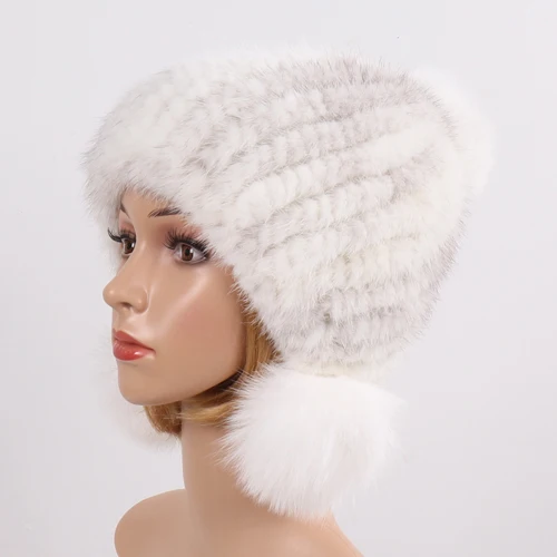 CROSS MINK Модная женская шапка из натурального меха норки, натуральные шапочки с мехом норки, меховые шапки, модная Женская эластичная шляпа, зимние помпоны из лисьего меха - Цвет: CROSS MINK