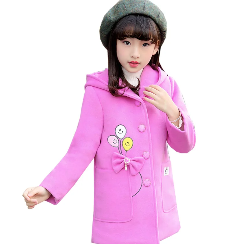 Girls woolen Coat 2019 New Fashion Hooded Cute Bow Autumn and Winter Thick Children's Woolen Rose Red Light Blue | Детская одежда и