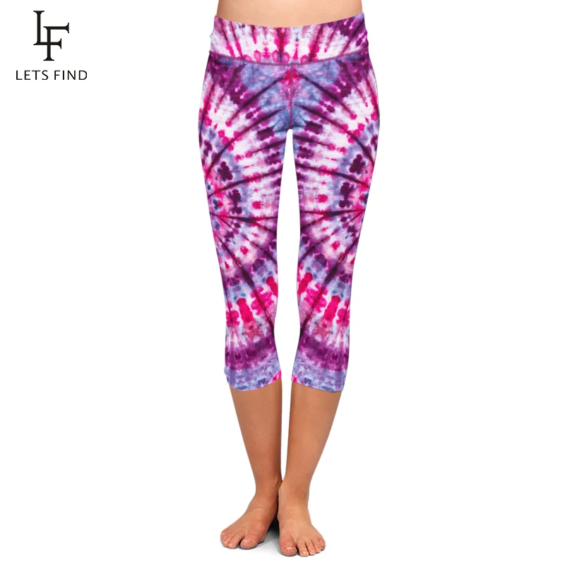 LETSFIND Brands New Women Tie-dye Print Leggings Fashion High Waist Elastic Milk Silk Printed Mid-Calf Casual Plus Size | Женская одежда