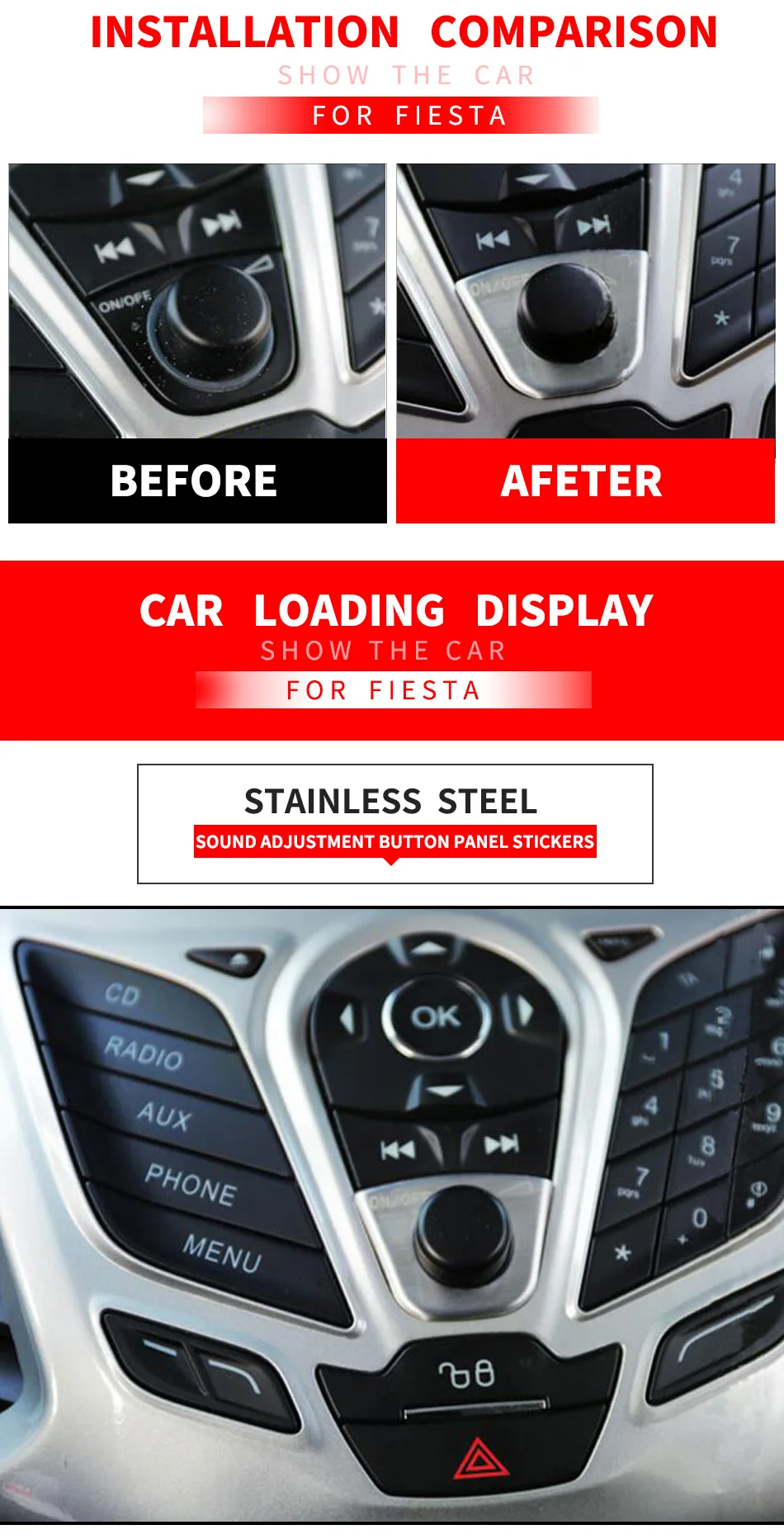 Stainless Steel SoundMy Good Car Adjustment Button Panel Cover Trim Stickers for Ford New Fiesta MK7 Ecosport 2009