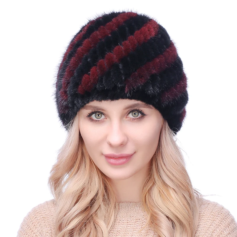 Женские шапки из натурального меха норки FURCHARM зимняя вязаная шапка с помпоном