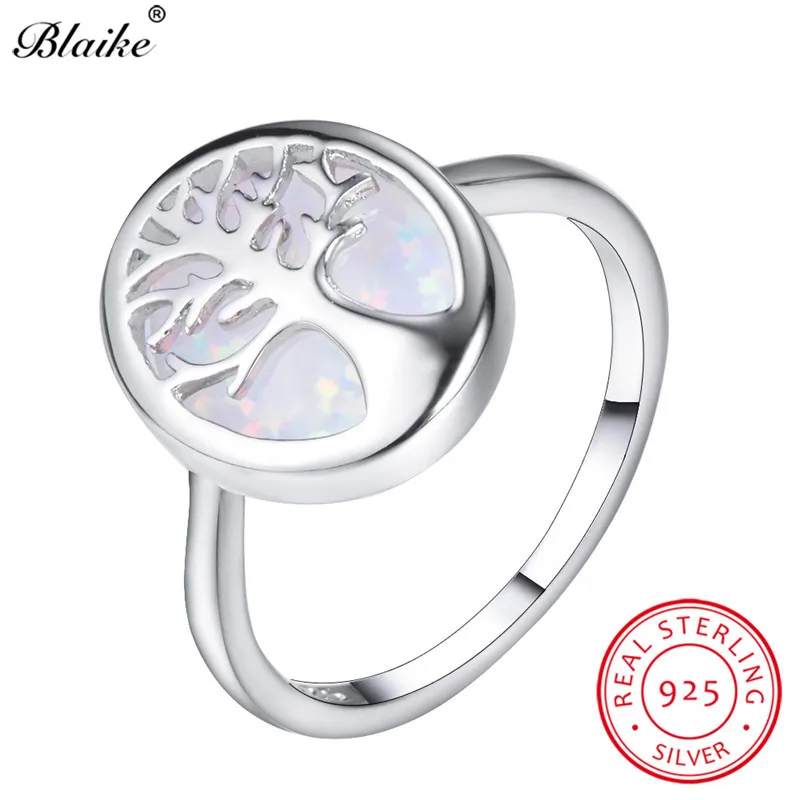 White Opal Ring Blaike Luxury Blue/White Fire Opal Cute Life Tree Rings For Women Men 925 Sterling Silver Birthstone Fine Jewelry Graduate Gift - Gem Color: White Opal Ring