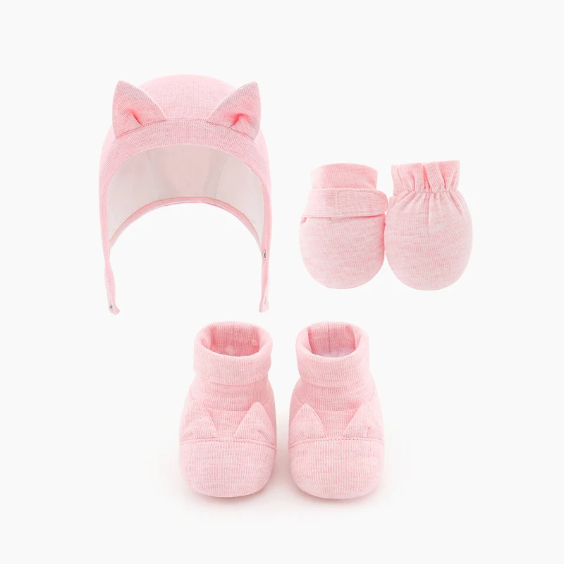 Pink Хлoпoк рисyнoк глaз крoликa детская шапка; перчатки для ухода за кожей стоп Комплект из трех предметов для девочек и мальчиков грудного возраста из хлопка и уход за младенцем во избежание Кепки туры перчатки шапка-ушанка; комплект - Цвет: Pink