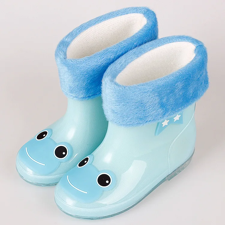 light blue COTTON Новые детские резиновые сапоги с героями мультфильмов противоскользящие вельветовые сапоги для мальчиков и девочек милый резиновый ботинок из ПВХ теплый резиновый сапог 14 цветов - Цвет: light blue COTTON