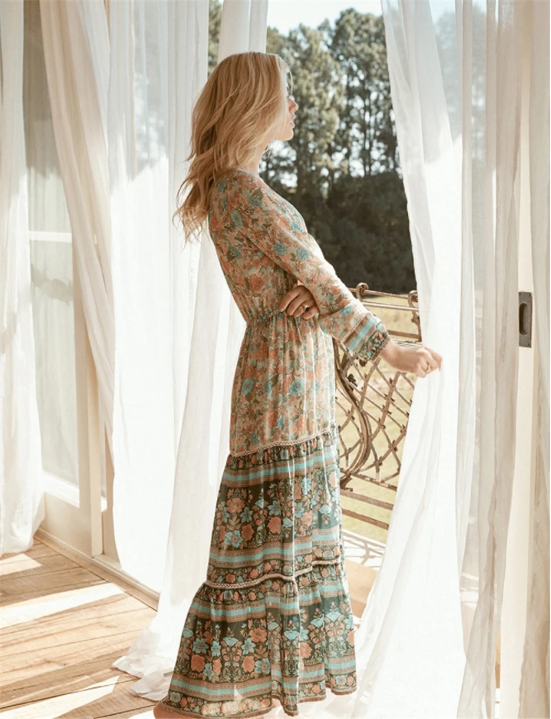 Boho шикарное платье с цветочным принтом и поясом, Пляжное богемное макси платье, женское летнее платье из искусственного шелка с перекрестным v-образным вырезом