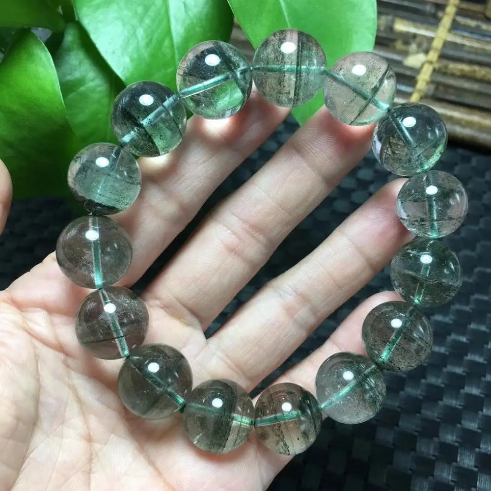 

15mm Natural Clear Quartz Green Phantom Crystal Gemstone Round Beads Bracelet