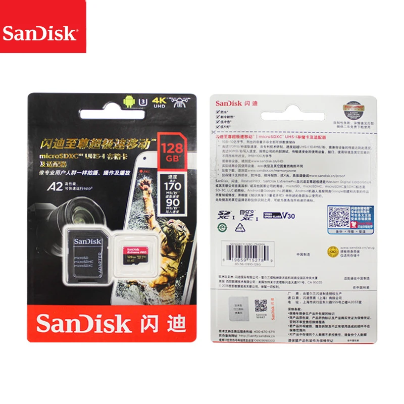 Карта памяти Sandisk Extreme Pro оригинальная карта Micro SD до 170 МБ/с./с A2 V30 U3 64 ГБ 128 256 TF с