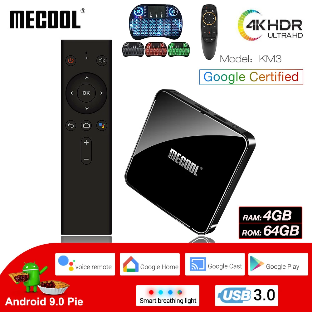 MECOOL KM3 Android 9,0 Smart tv Box 4G DDR4 64G 4K HDR Google Home Play Cast Ultra HD tv Box USB 3,0 медиаплеер Голосовое управление