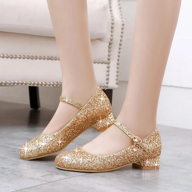 YMECHIC цвет серебристый, Золотой Bling Женские свадебные туфли на толстом низком каблуке блестящие Женские Туфли Мэри Джейн обувь для вечеринок Женские туфли-лодочки большого размера