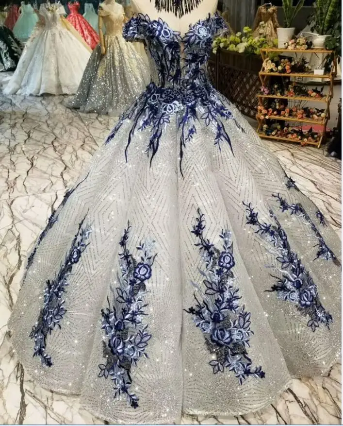 Color as Picture Серебряный блеск ткани кружева Бальные платья Свадебные платья Саудовской Аравии с открытыми плечами 3D Цветы африканская темнокожая девушка свадебные платья - Цвет: Color as Picture