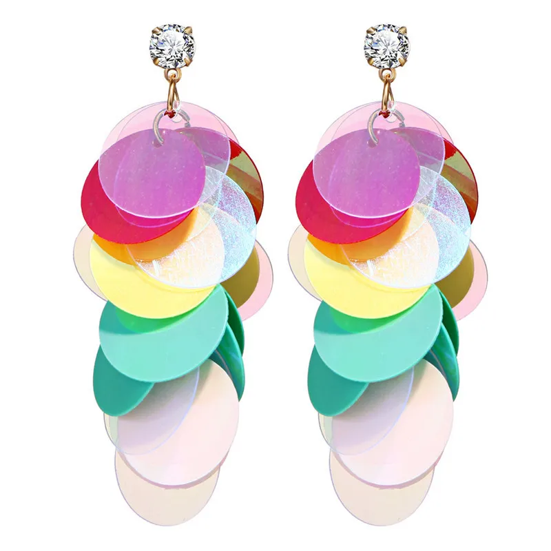 Rainbow Multi Layered Acrylic Metallic Pastel Oval Geometric Sequins Statement Earrings Long Drop For Women Girls | Украшения и
