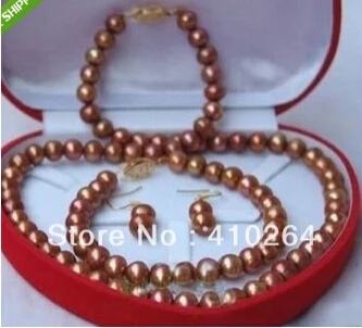 

hot sell AAA+ 8-9MM CHOCOLATE COLOR PEARL necklace Bracelet EARRING set