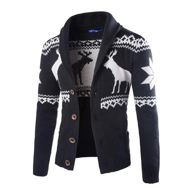 2018 осенний мужской свитер кардиган с отложным воротником рисунком оленя тонкий