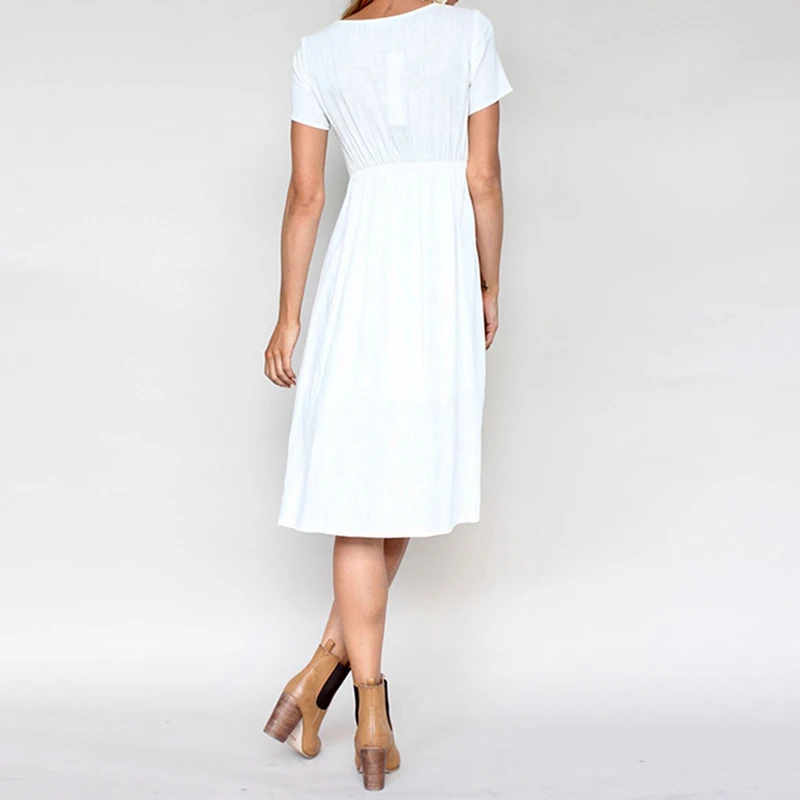 Женское платье модное с коротким рукавом v образным вырезом на пуговицах