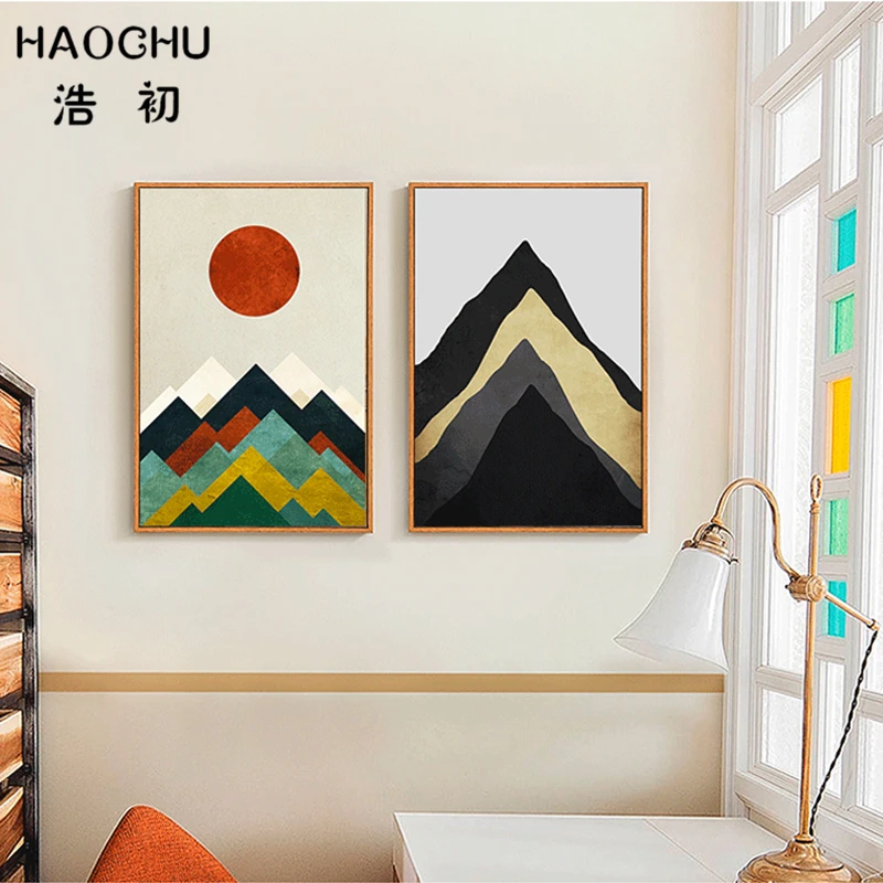 HAOCHU Triptych Modern Minimalist Landscape Abstract Mountain Sunset Decorative Canvas Painting Nordic Wall Picture for Home | Дом и сад
