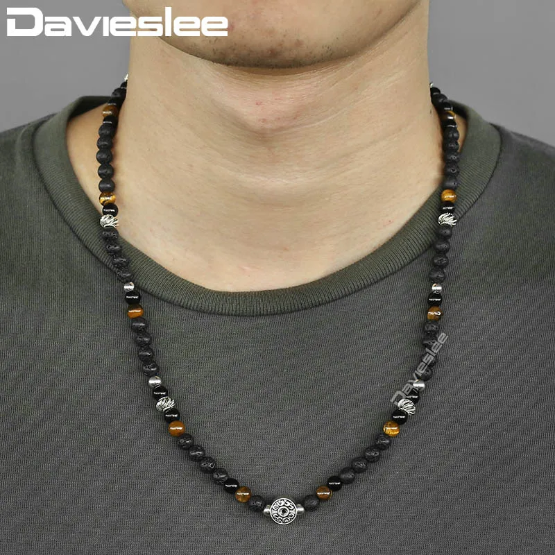 Davieslee тигровый глаз ожерелье с бусинами из камней для мужчин из нержавеющей стали фонарь Шарм мужское ожерелье мужские ювелирные изделия подарки 6 мм DDN25