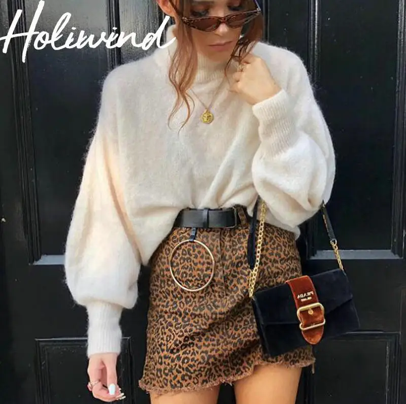 2019 Winter Women Turtleneck Fuzzy Sweaters Lantern Sleeves Beige Color Furry Crop Sweater Tops | Женская одежда