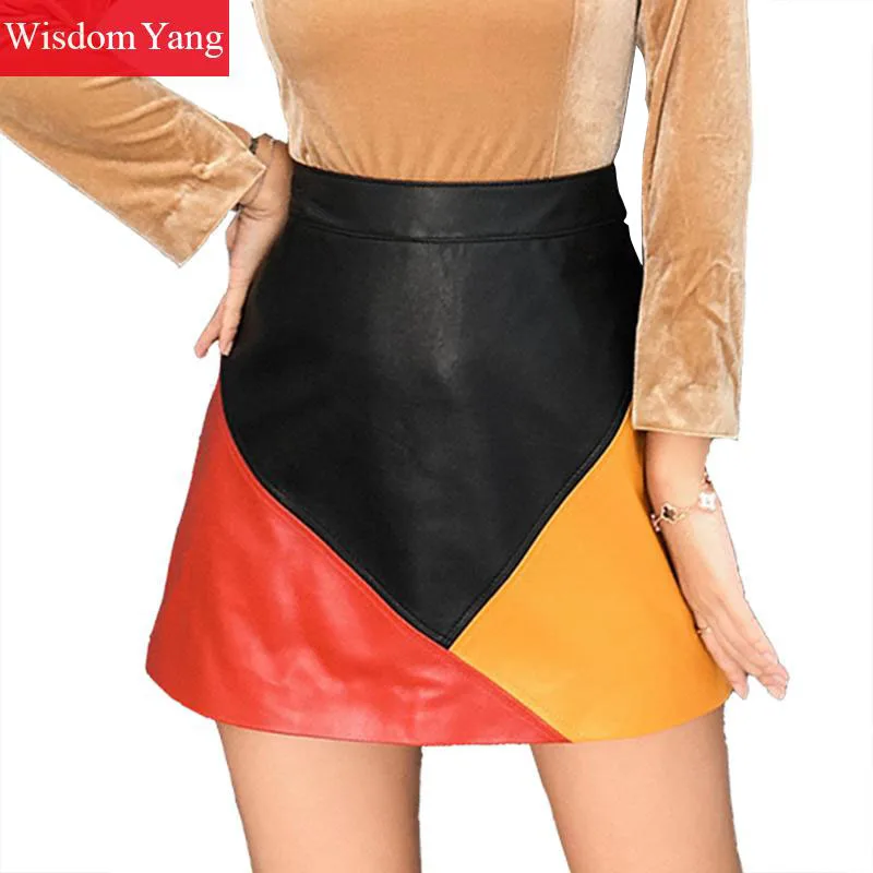 Autumn Patchwork Real Sheepskin Genuine Leather Skirts Womens High Waisted Mini Club Sexy Party Ladies Aline Wrap Skirts