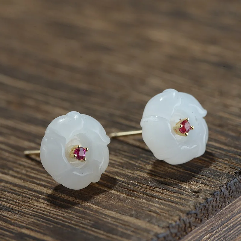 Женские серьги из серебра 100% пробы с изысканными нефритовыми