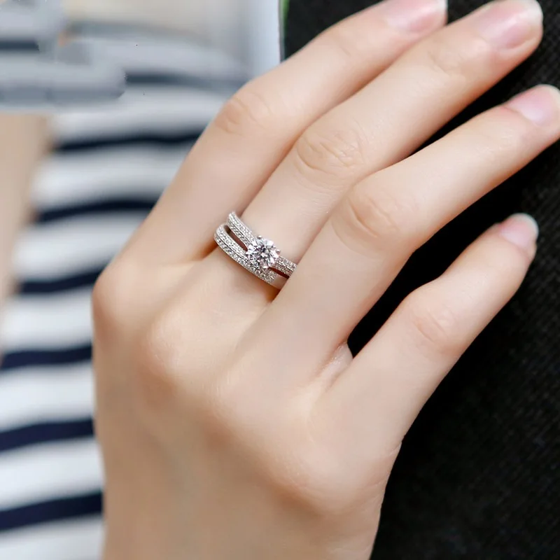 

OMHXZJ Wholesale European Fashion Woman Man Party Wedding Gift White Rose Gold AAA Zircon 925 Sterling Silver Ring Set RR161