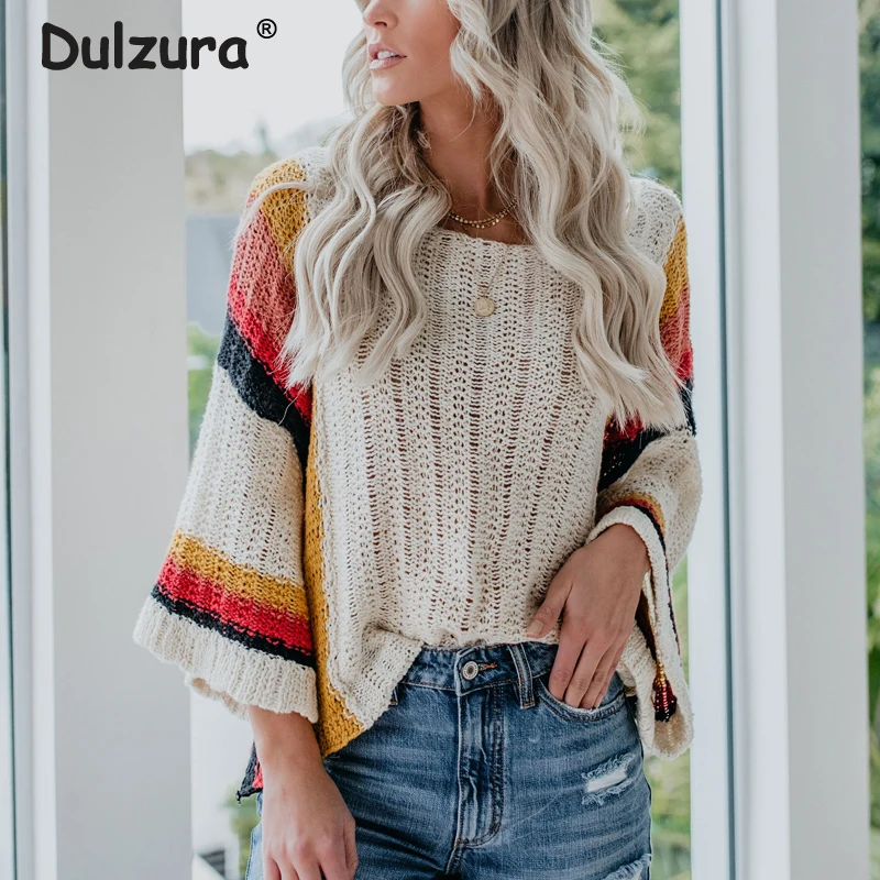 Newest Summer 2019 Rainbow Striped Sweaters Women Beach Cover Ups Autumn Fashion Oversized Loose Pullover Jumper Femme Knitwear | Женская
