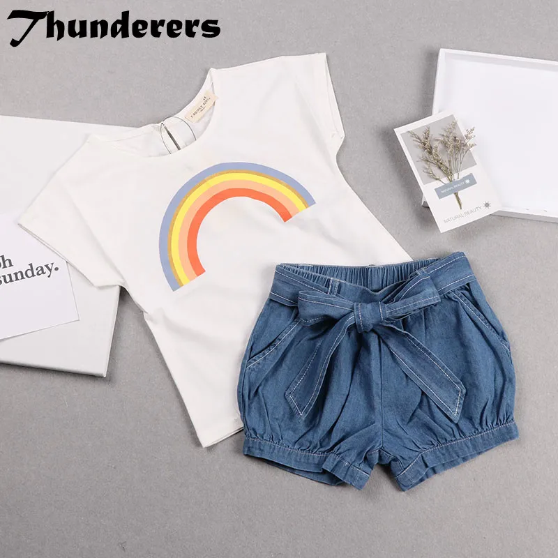 Летний комплект детской одежды с рисунком радуги рубашка короткими рукавами +
