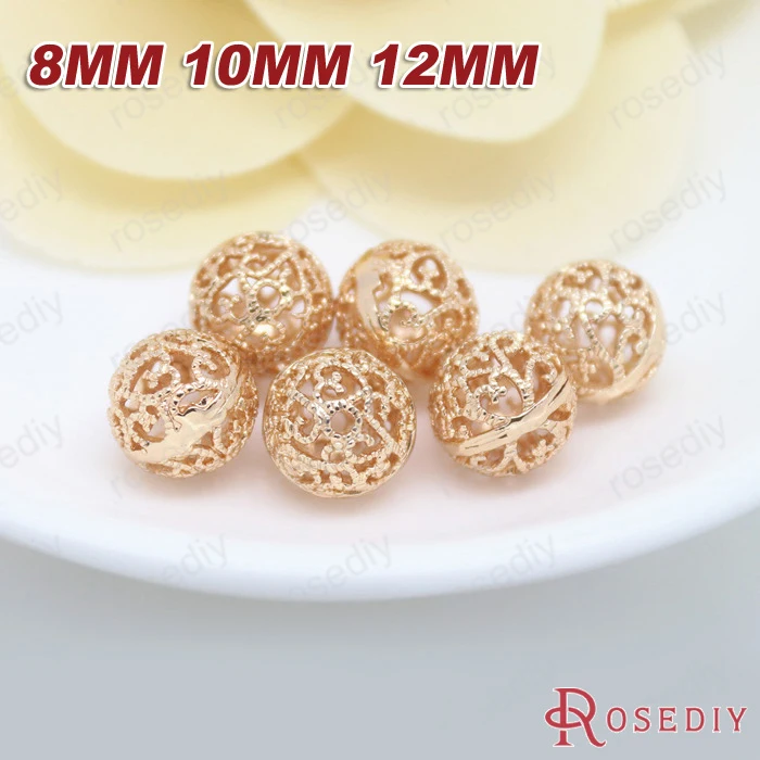 6шт. 8мм 10мм 12мм Высококачественные шампанское золото покрытые латунные полые круглые бусины с узорами для изготовления украшений.