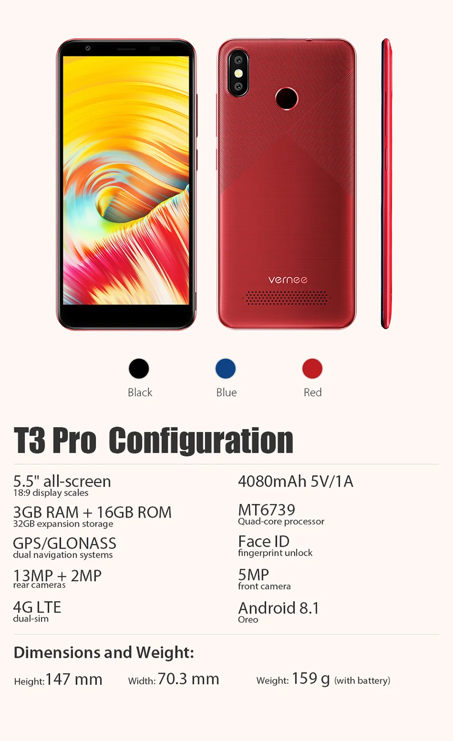 Смартфон Vernee T3 Pro 5,5 ''на весь экран, 3 Гб ОЗУ, 16 Гб ПЗУ, мобильный телефон, Android 8,1, MTK6739, четырехъядерный, 4080 мАч, 4G LTE, мобильный телефон