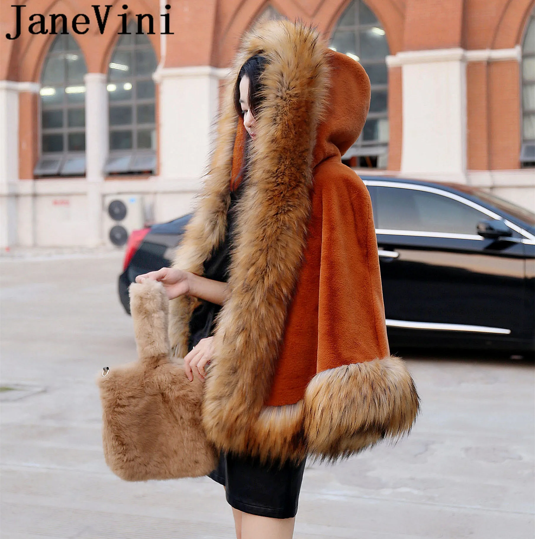 Женское болеро с капюшоном JaneVini зимнее Болеро из искусственного меха бордовое