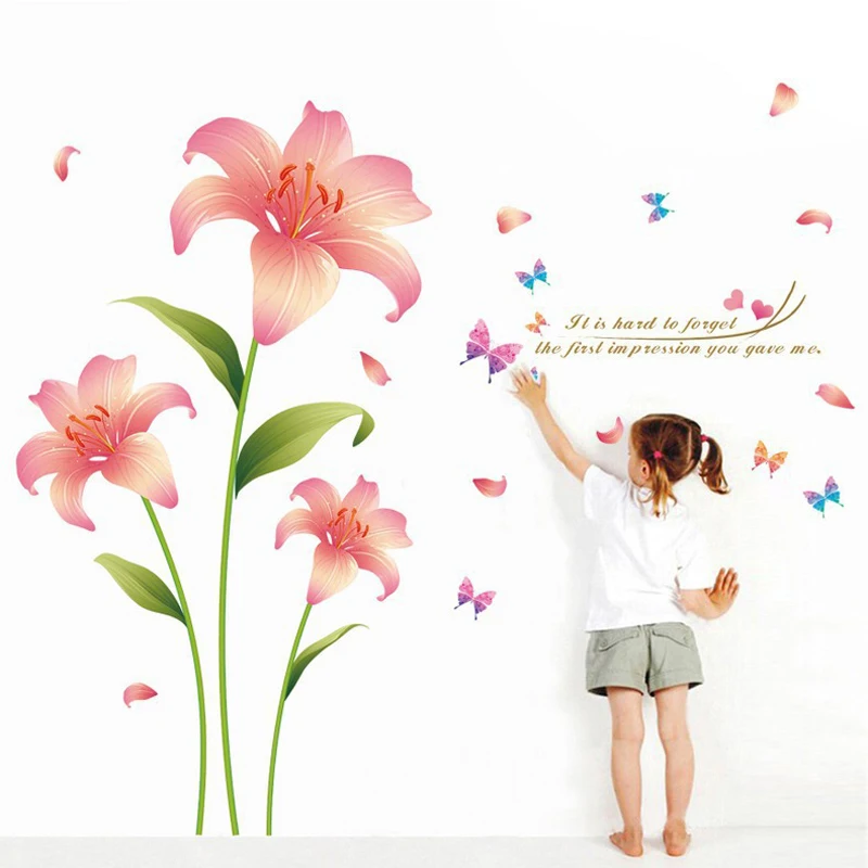 Romantic Pink Lily Flower Wall Decor Sticker Sweet Wedding Rooms Decoration Stickers Living Room TV Backdrop Floral Poster QT114 | Дом и сад