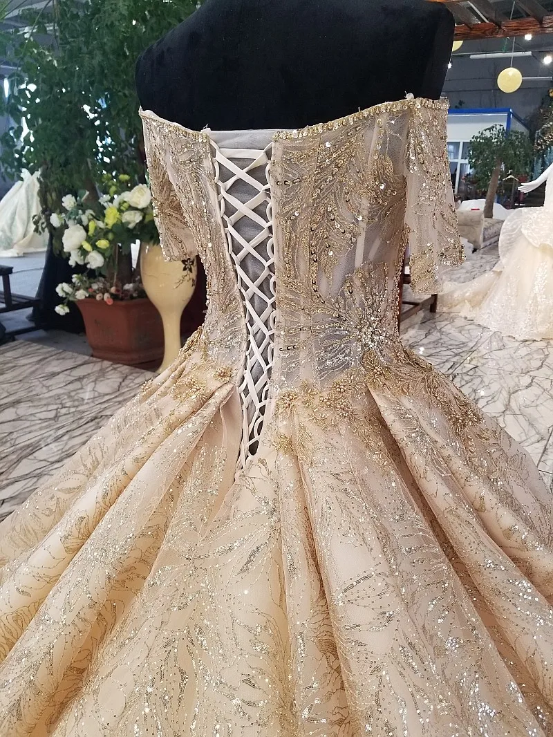 LS39542 роскошное Золотое кружевное вечернее платье для женщин с открытыми плечами