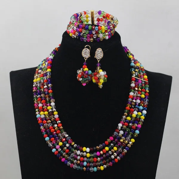 Комплект из колье и серёг с кристаллами 5 рядов|necklace set|beaded jewelry setbridal necklace set |