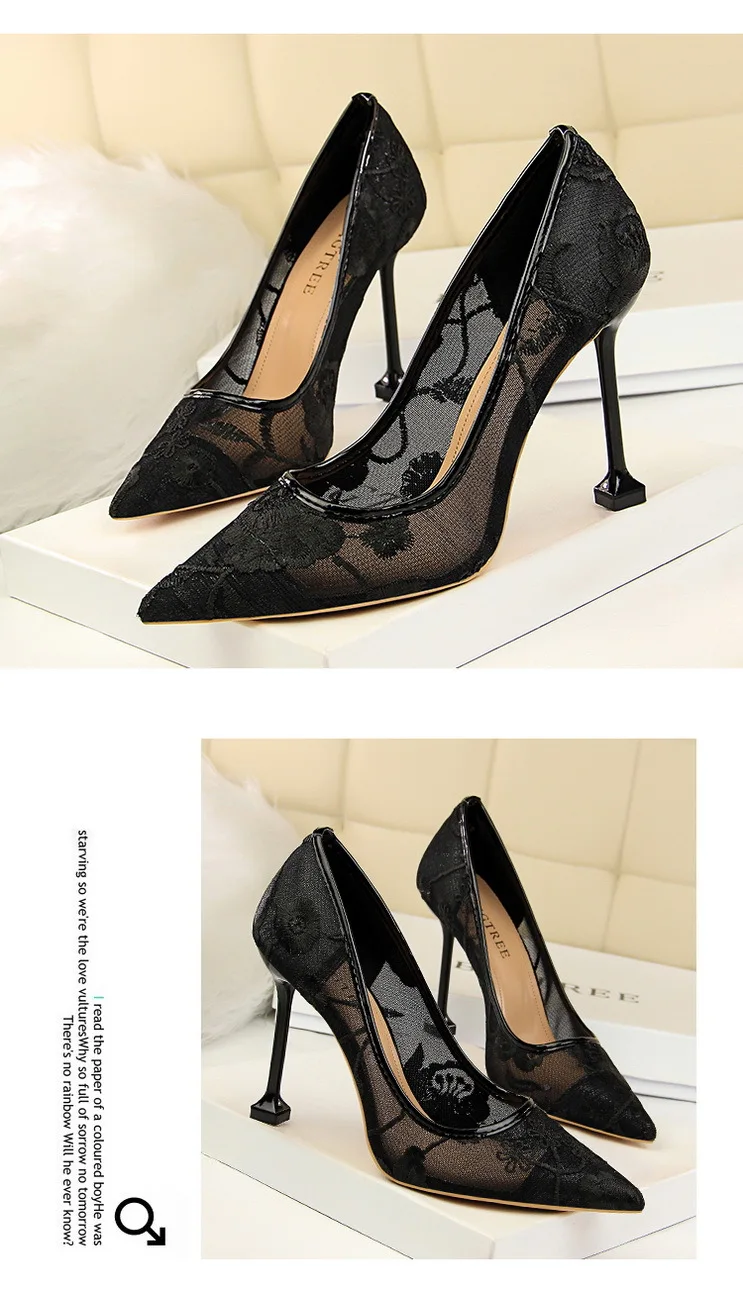Women Pointed Toe Emboridery Lace Net Yarn High Heels Pumps Shoes Lady European Design Flowers Hollow Sexy Party Dress Stilettos