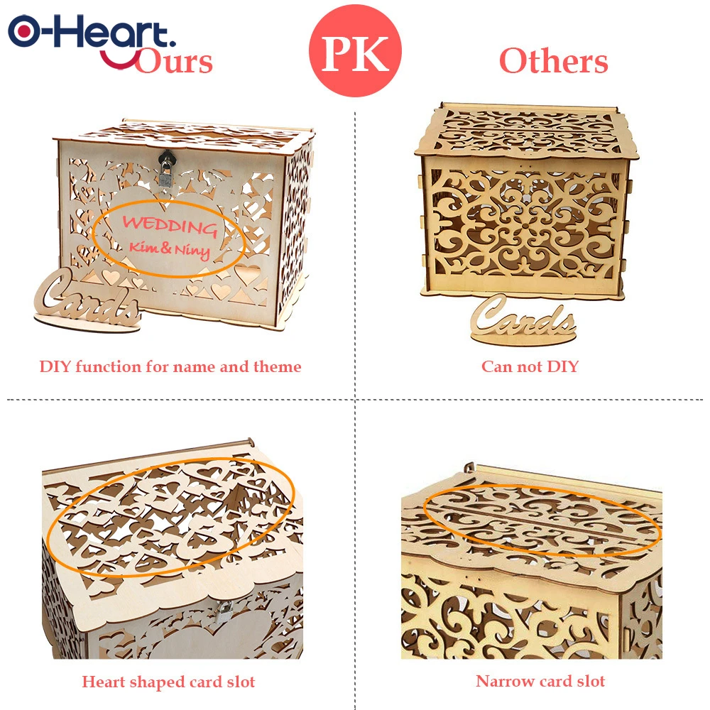 OHEART Diy коробка для приглашения на свадьбу деревянная деревенская Подарочная коробка с замком коробка для денег полые сердца в форме коробка подарочной карточки и карты знак на день рождения