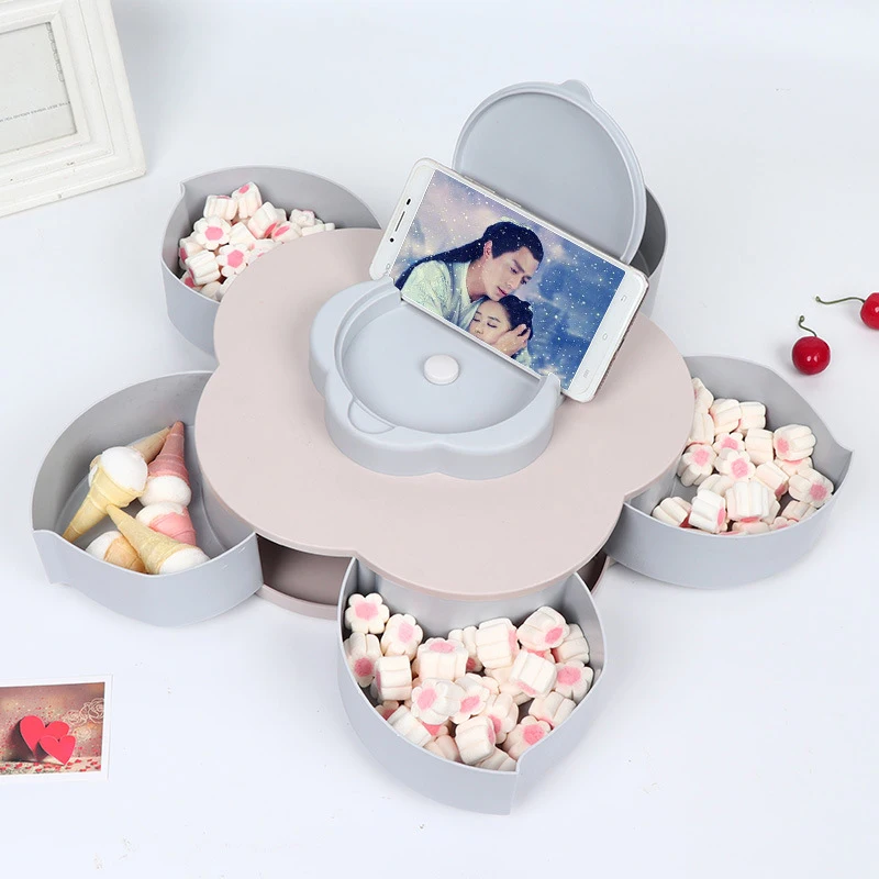 

Creative plastic fruit bowl rotating fruit box living room compartment with lid nut sugar fruit box with mobile phone holder