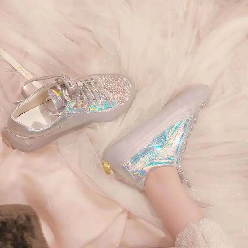 Обувь с кристаллами, женские кроссовки на массивном каблуке, zapatos de mujer, украшенные стразами, chaussures femme, женская обувь, серебристая блестящая Лоскутная обувь