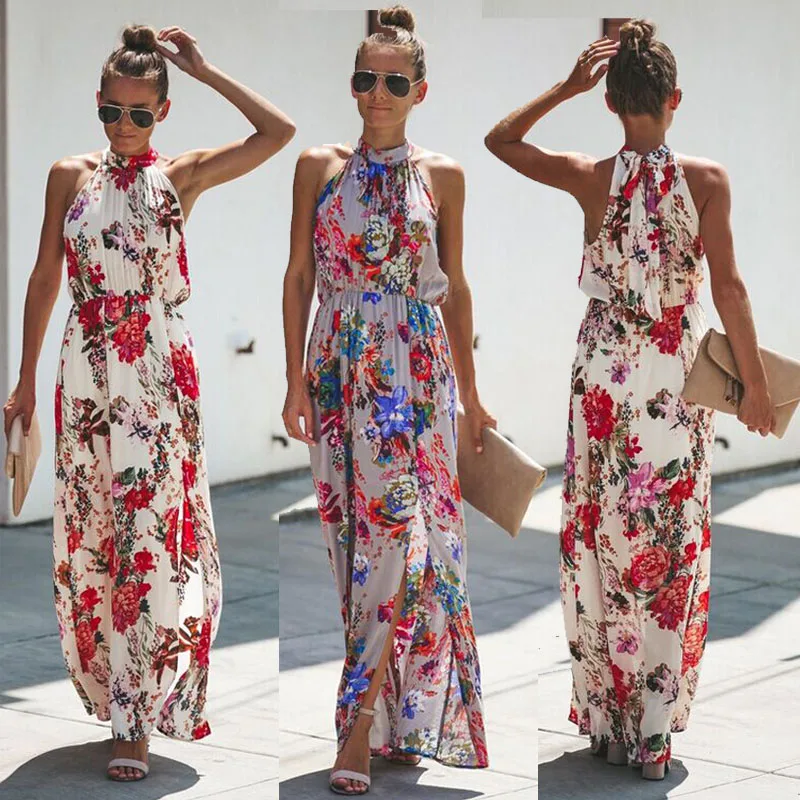 Женское Boho Lange платье макси Леди Avond вечерние пляжные платья Zonnejurk Bloemen Mouwloze Lange Jurk
