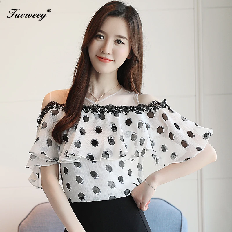 

Women Shirt polka dot Blusas Femininas Tops shoulder off Elegant Ladies Formal Office Blouse Plus Size Chiffon Shirt clothing
