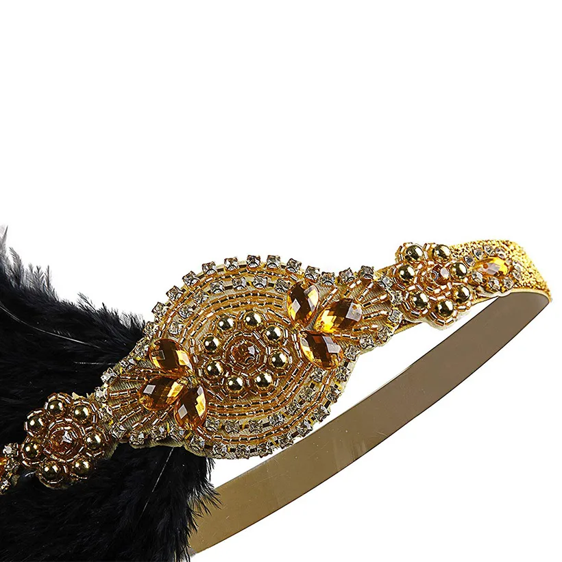 1920s Gatsby Flapper Feather Headband 20s Accessories Crystal Beaded Wedding Headpiece