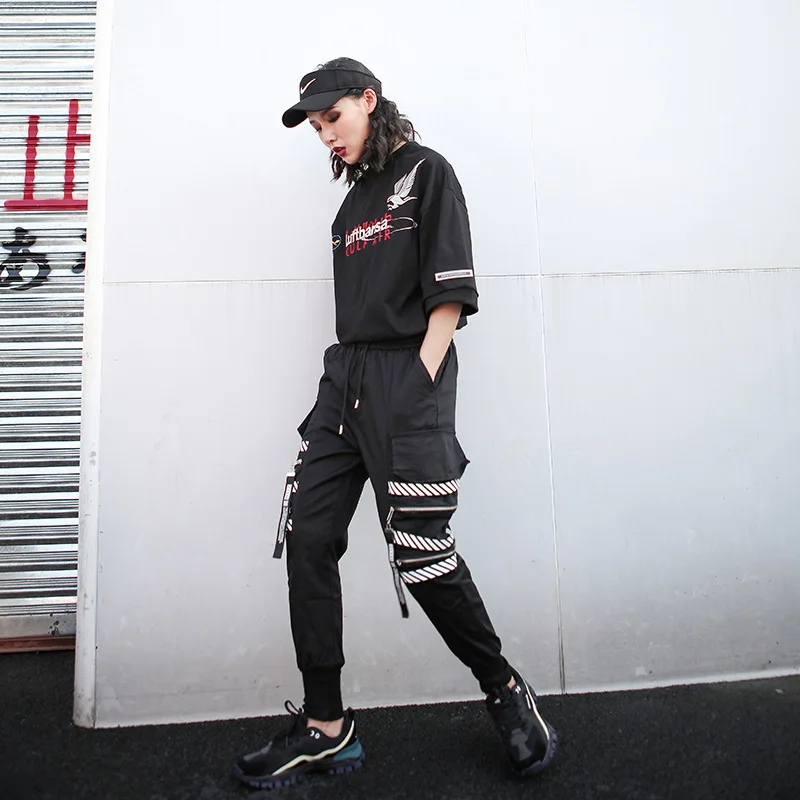 Осенние уличные брюки-карго в полоску женские повседневные джоггеры черного