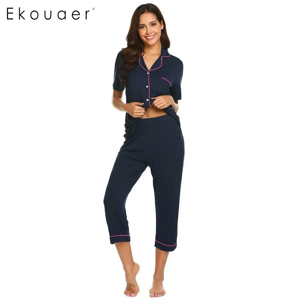 navy blue Ekouaer Для женщин летние пижамы короткий рукав пижамный комплект Повседневное одноцветное до середины икры Длина брюки набор пижам Женская домашняя одежда - Цвет: navy blue