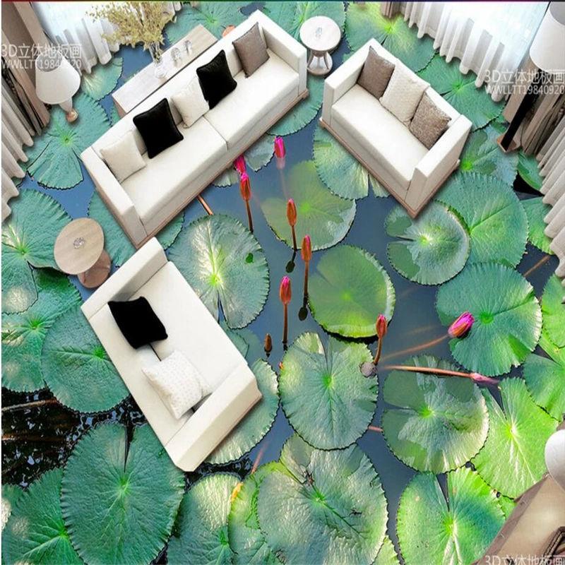 3d фотообои для спальни объемный лист лотоса самоклеющаяся напольная пленка